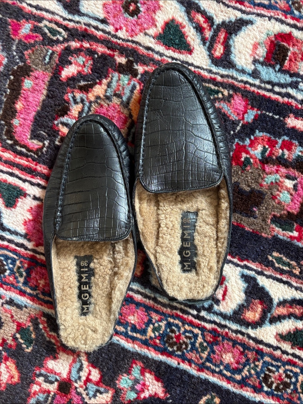 Black Croc-Embossed Faux-Shearling Slip-On Loafers M. Gemi